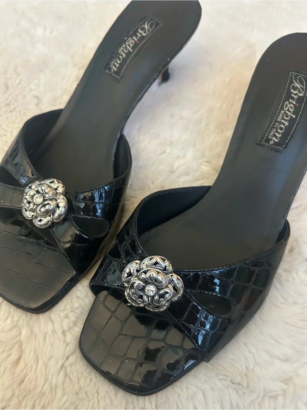 Brighton Black Croc Embossed Mules with Rhinestone kitten heels Y2K vintage 8.5